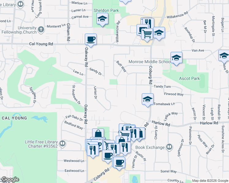 map of restaurants, bars, coffee shops, grocery stores, and more near 2424 Lariat Meadows Drive in Eugene