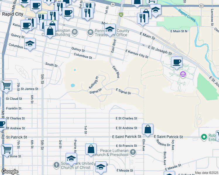 map of restaurants, bars, coffee shops, grocery stores, and more near 14 East Signal Drive in Rapid City