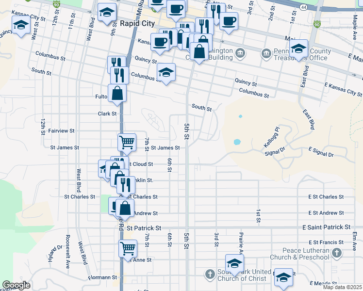 map of restaurants, bars, coffee shops, grocery stores, and more near 1319 5th Street in Rapid City