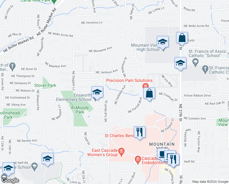 map of restaurants, bars, coffee shops, grocery stores, and more near 2022 Northeast Neil Way in Bend