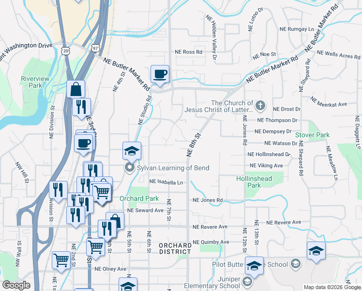map of restaurants, bars, coffee shops, grocery stores, and more near 2291 Northeast 8th Street in Bend