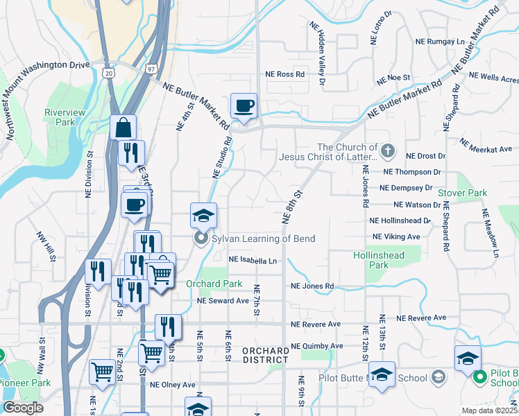 map of restaurants, bars, coffee shops, grocery stores, and more near 2405 Northeast Burks Court in Bend
