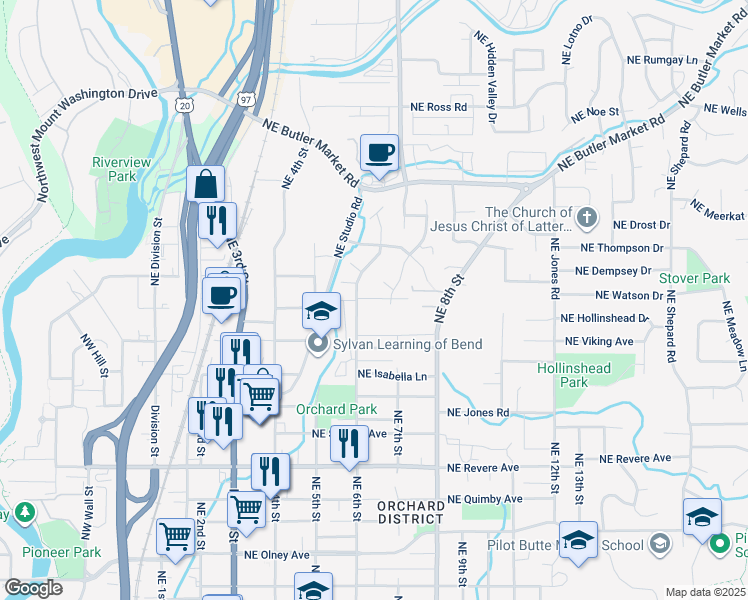 map of restaurants, bars, coffee shops, grocery stores, and more near 2405 Northeast Burks Court in Bend