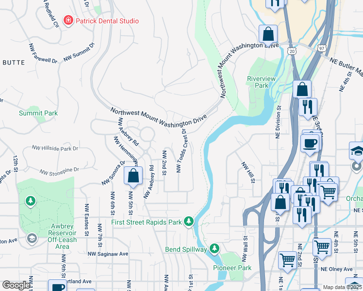 map of restaurants, bars, coffee shops, grocery stores, and more near 2491 Northwest Todds Crest Drive in Bend