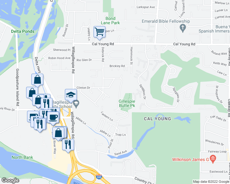 map of restaurants, bars, coffee shops, grocery stores, and more near 1275 Butte Ln in Eugene