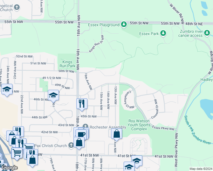 map of restaurants, bars, coffee shops, grocery stores, and more near 4742 14th Avenue Northwest in Rochester