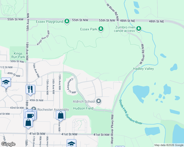 map of restaurants, bars, coffee shops, grocery stores, and more near 928 Milborne Lane Northwest in Rochester
