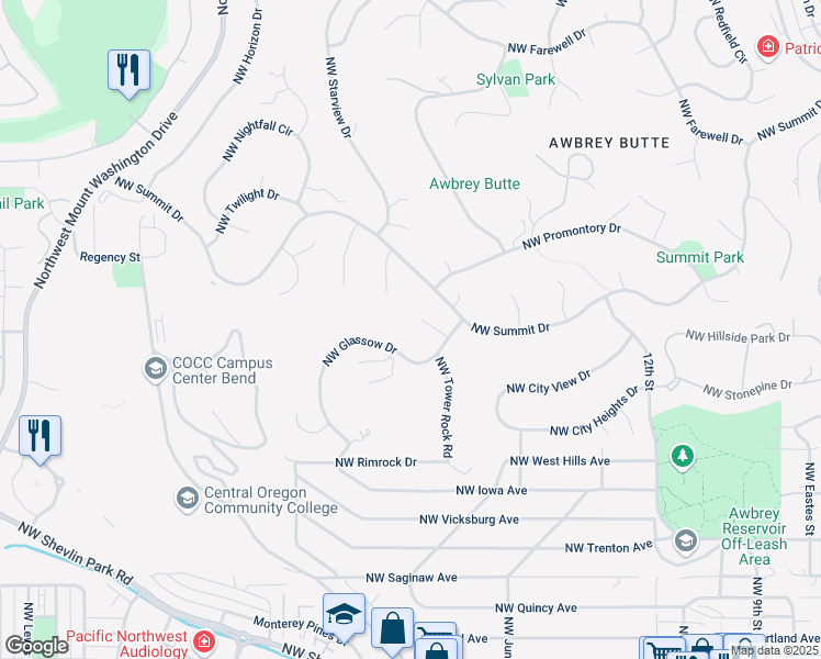 map of restaurants, bars, coffee shops, grocery stores, and more near 1823 Northwest Duniway Court in Bend