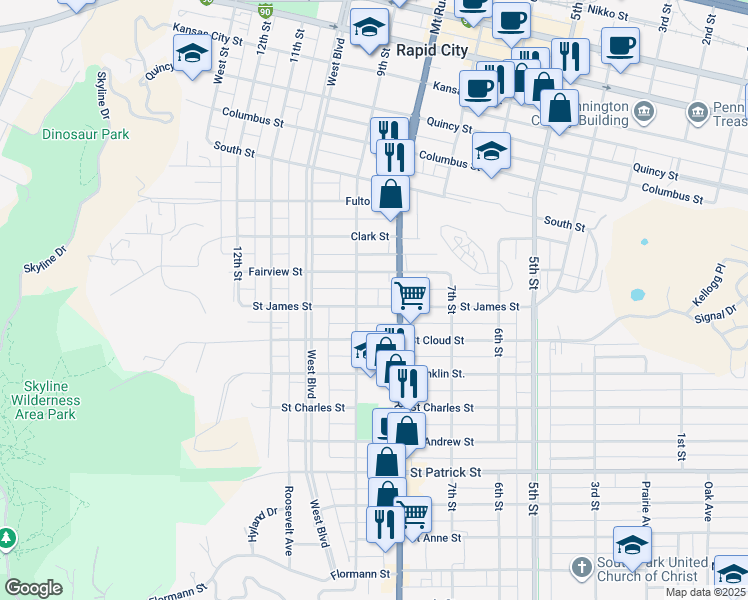 map of restaurants, bars, coffee shops, grocery stores, and more near 818 Saint James Street in Rapid City