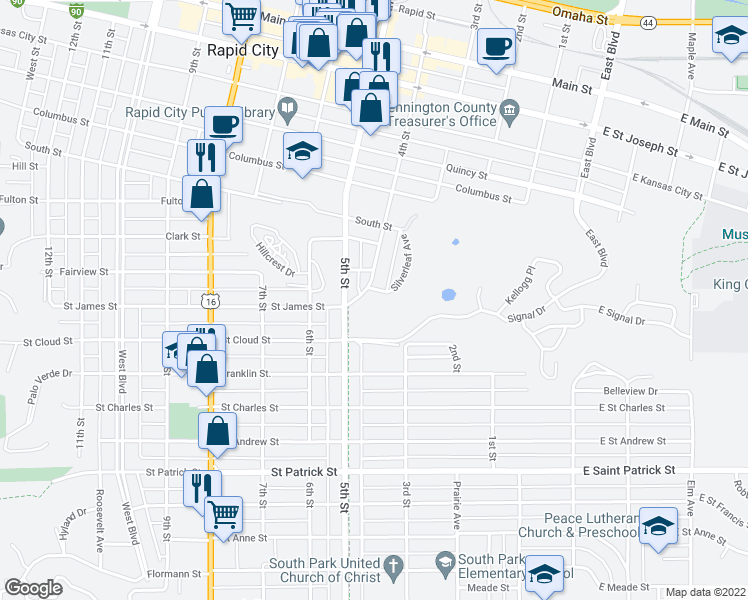 map of restaurants, bars, coffee shops, grocery stores, and more near 1320 4th Street in Rapid City