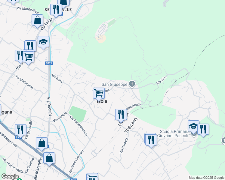 map of restaurants, bars, coffee shops, grocery stores, and more near 86 Via Isola in Casano
