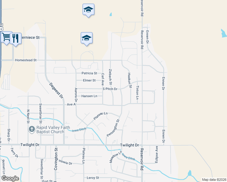 map of restaurants, bars, coffee shops, grocery stores, and more near 5199 South Pitch Drive in Rapid City