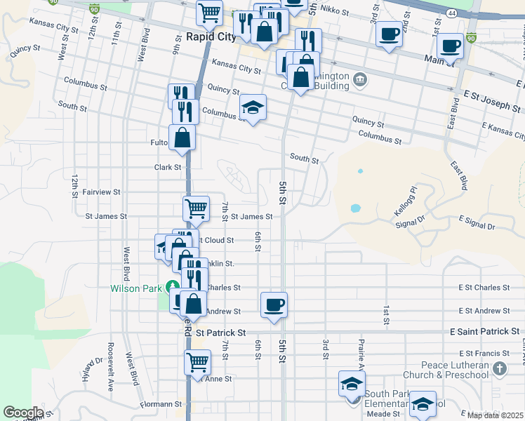 map of restaurants, bars, coffee shops, grocery stores, and more near 602 Saint James Street in Rapid City
