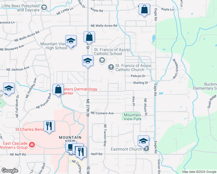 map of restaurants, bars, coffee shops, grocery stores, and more near 2917 Northeast Laurel Oak Drive in Bend