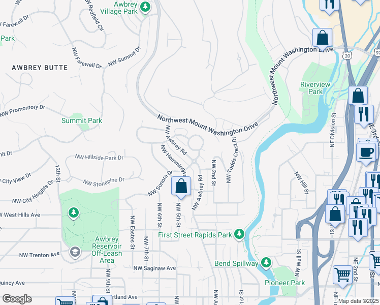 map of restaurants, bars, coffee shops, grocery stores, and more near 2514 Northwest Awbrey Road in Bend
