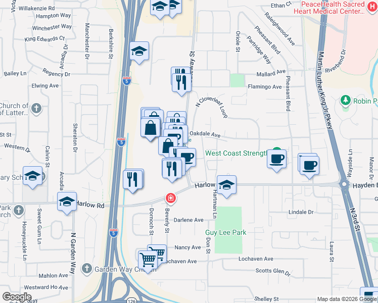 map of restaurants, bars, coffee shops, grocery stores, and more near 2727 Gateway Street in Springfield