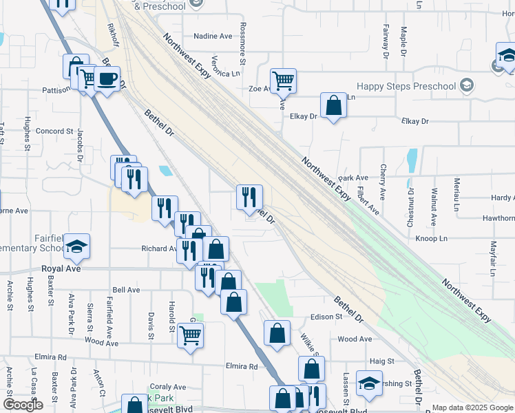 map of restaurants, bars, coffee shops, grocery stores, and more near 1038 Bethel Drive in Eugene