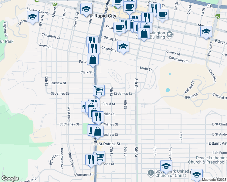 map of restaurants, bars, coffee shops, grocery stores, and more near 1320 7th Street in Rapid City