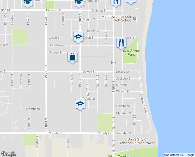 map of restaurants, bars, coffee shops, grocery stores, and more near 1201 Jackson Street in Manitowoc