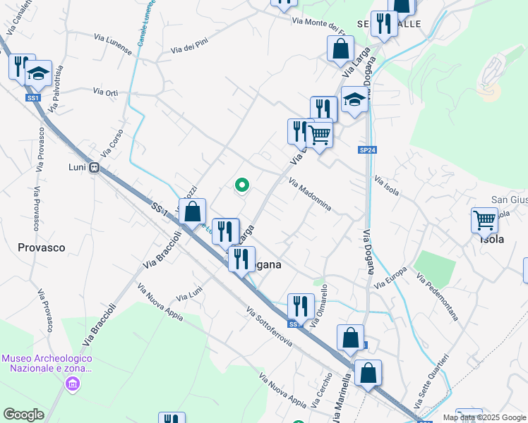 map of restaurants, bars, coffee shops, grocery stores, and more near 24 Via Larga in Casano