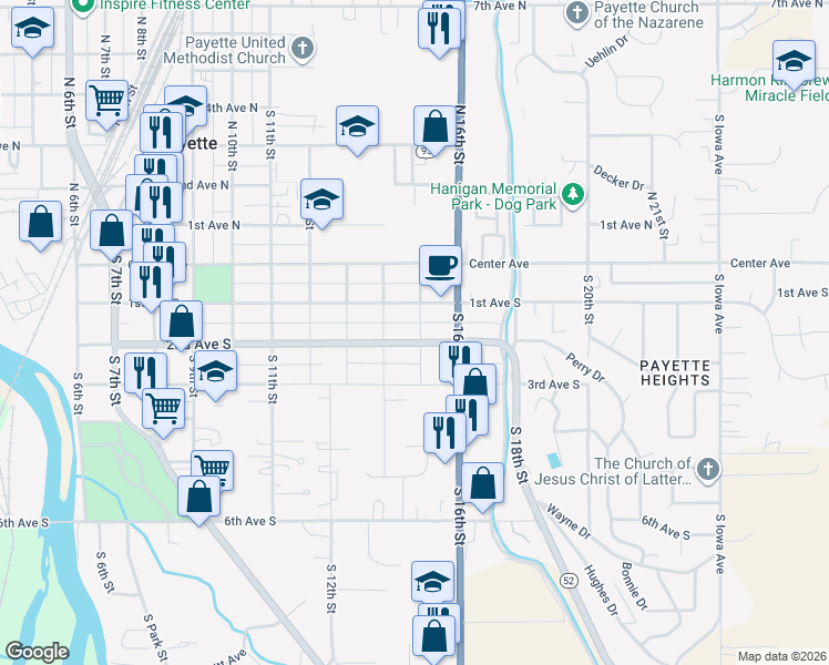 map of restaurants, bars, coffee shops, grocery stores, and more near 1437 2nd Avenue South in Payette