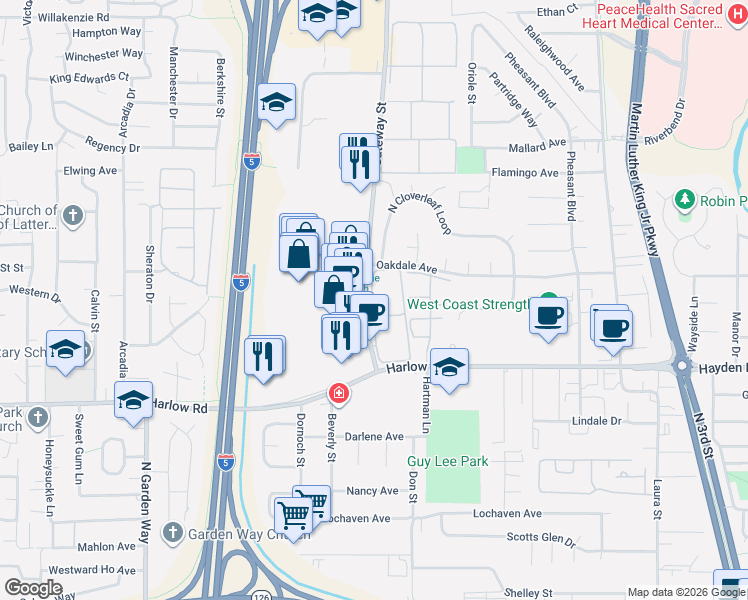 map of restaurants, bars, coffee shops, grocery stores, and more near 2727 Gateway Street in Springfield