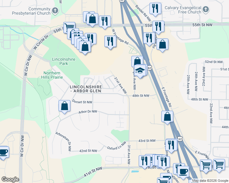 map of restaurants, bars, coffee shops, grocery stores, and more near 3222 49th Street Northwest in Rochester