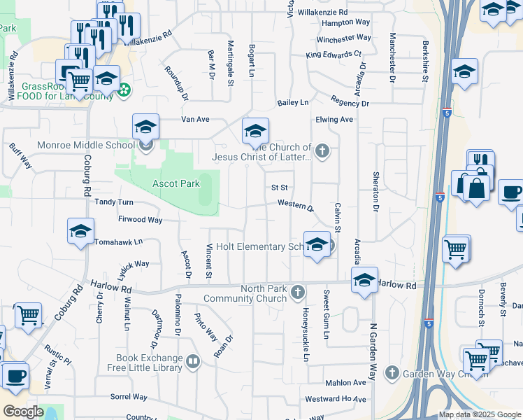 map of restaurants, bars, coffee shops, grocery stores, and more near 990 North Van Duyn Street in Eugene