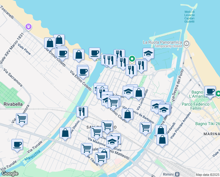 map of restaurants, bars, coffee shops, grocery stores, and more near 1f Via Giovanni Brigliadori in Rimini