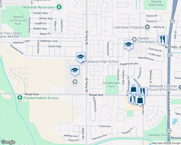 map of restaurants, bars, coffee shops, grocery stores, and more near 1199 North Terry Street in Eugene