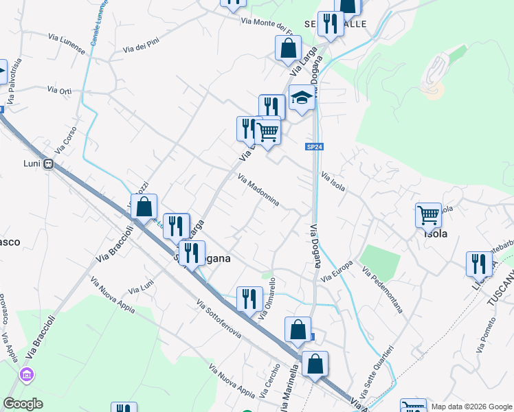 map of restaurants, bars, coffee shops, grocery stores, and more near 102 Via Caffaggiola in Casano
