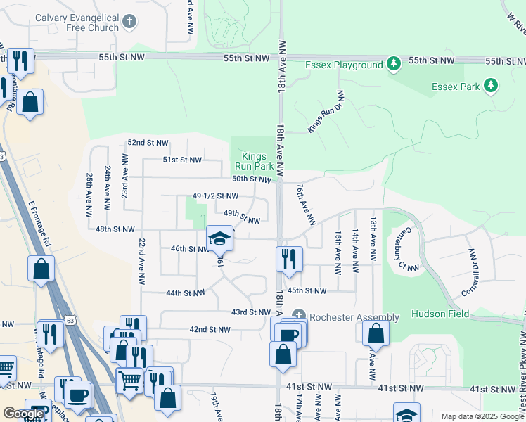 map of restaurants, bars, coffee shops, grocery stores, and more near 4919 18 1/2 Avenue Northwest in Rochester