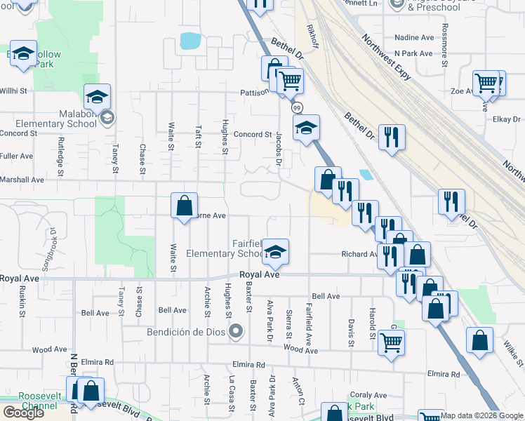 map of restaurants, bars, coffee shops, grocery stores, and more near 3453 Hawthorne Avenue in Eugene