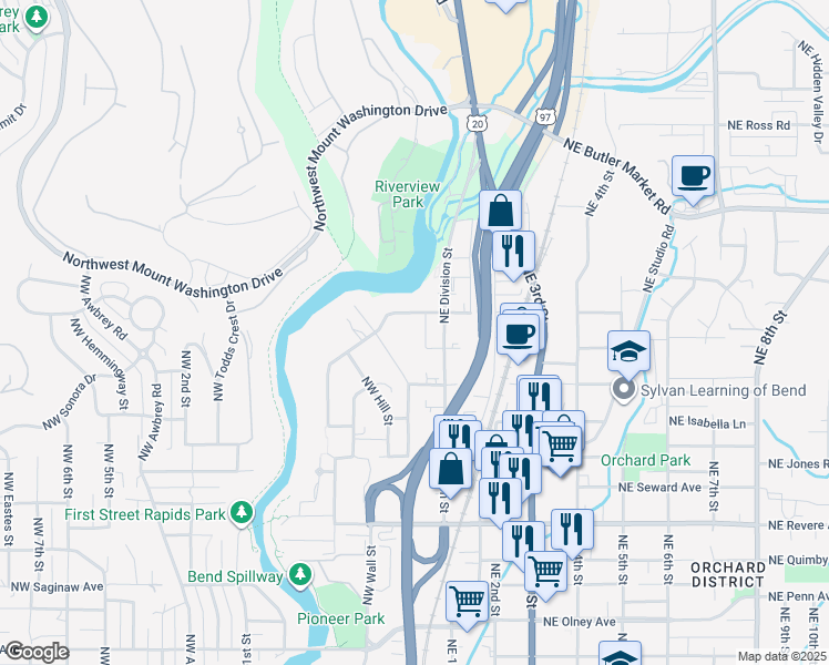 map of restaurants, bars, coffee shops, grocery stores, and more near 2311 Northeast Division Street in Bend