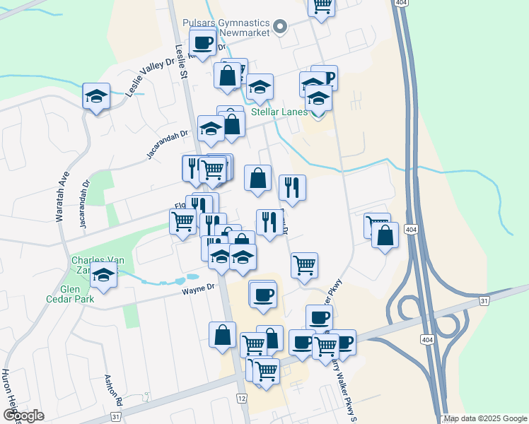 map of restaurants, bars, coffee shops, grocery stores, and more near 210 Pony Drive in Newmarket