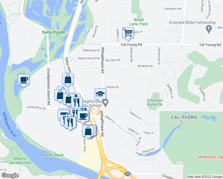 map of restaurants, bars, coffee shops, grocery stores, and more near 1193 Valley Butte Drive in Eugene