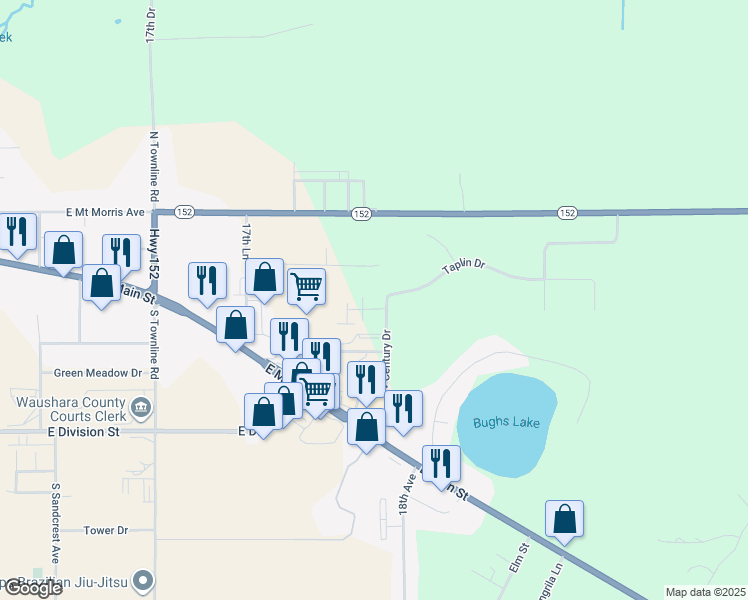 map of restaurants, bars, coffee shops, grocery stores, and more near 224 North Century Drive in Wautoma