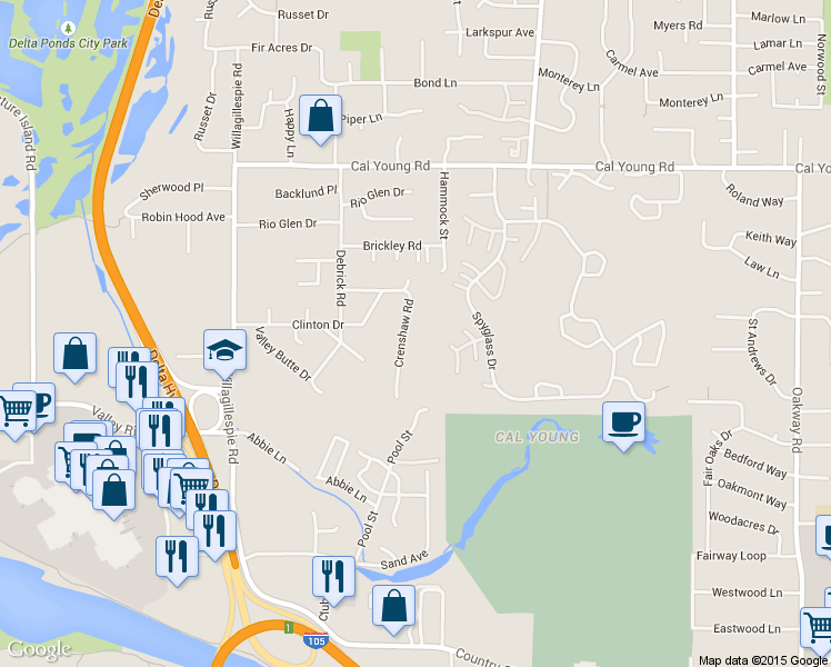 map of restaurants, bars, coffee shops, grocery stores, and more near 1203 Crenshaw Road in Eugene