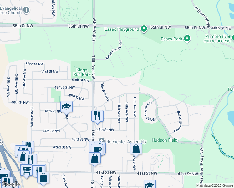 map of restaurants, bars, coffee shops, grocery stores, and more near 1509 48th Street Northwest in Rochester