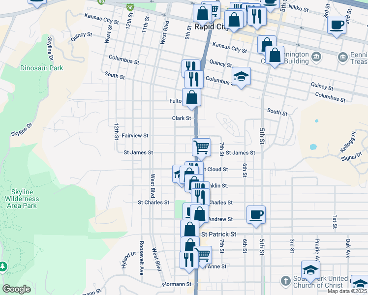 map of restaurants, bars, coffee shops, grocery stores, and more near 818 Saint James Street in Rapid City