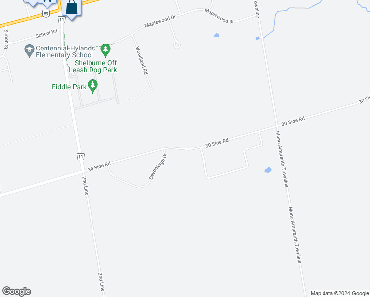 map of restaurants, bars, coffee shops, grocery stores, and more near 485471 30 Side Road in Shelburne