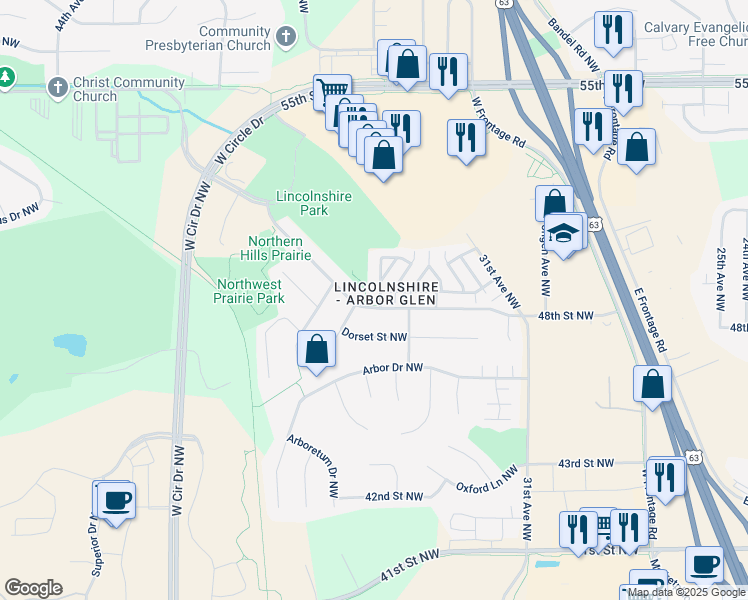 map of restaurants, bars, coffee shops, grocery stores, and more near 4801 36th Avenue Northwest in Rochester