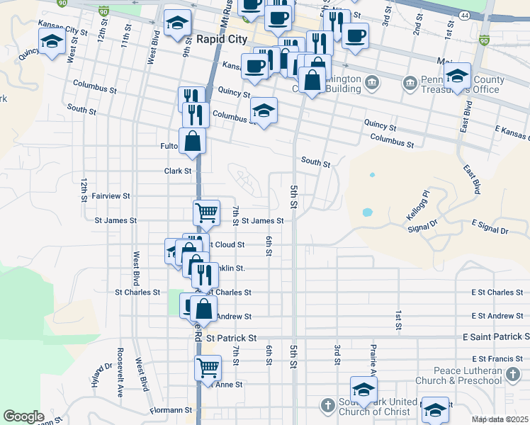 map of restaurants, bars, coffee shops, grocery stores, and more near 602 Saint James Street in Rapid City