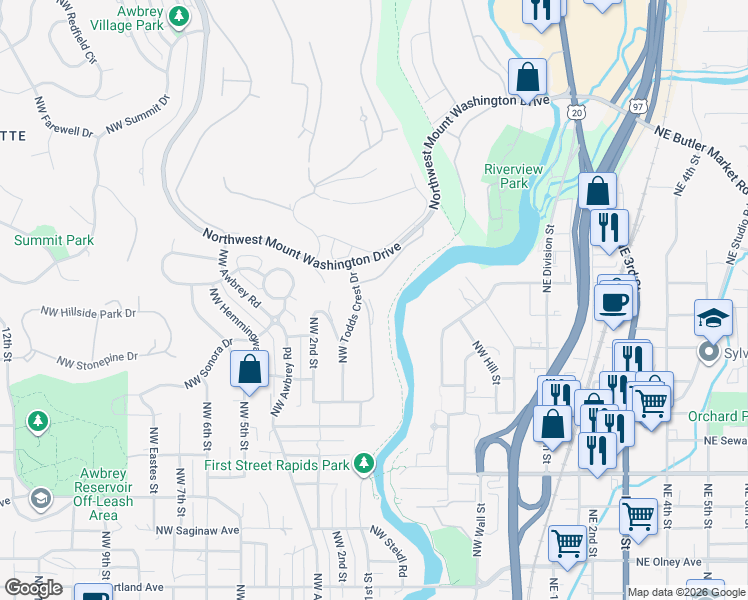 map of restaurants, bars, coffee shops, grocery stores, and more near 2491 Northwest Todds Crest Drive in Bend