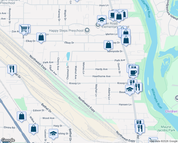 map of restaurants, bars, coffee shops, grocery stores, and more near 362 Hardy Avenue in Eugene