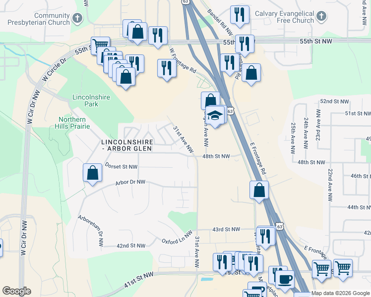 map of restaurants, bars, coffee shops, grocery stores, and more near 4803 31st Avenue Northwest in Rochester