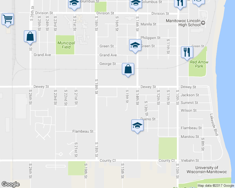 map of restaurants, bars, coffee shops, grocery stores, and more near 2119 South 16th Street in Manitowoc
