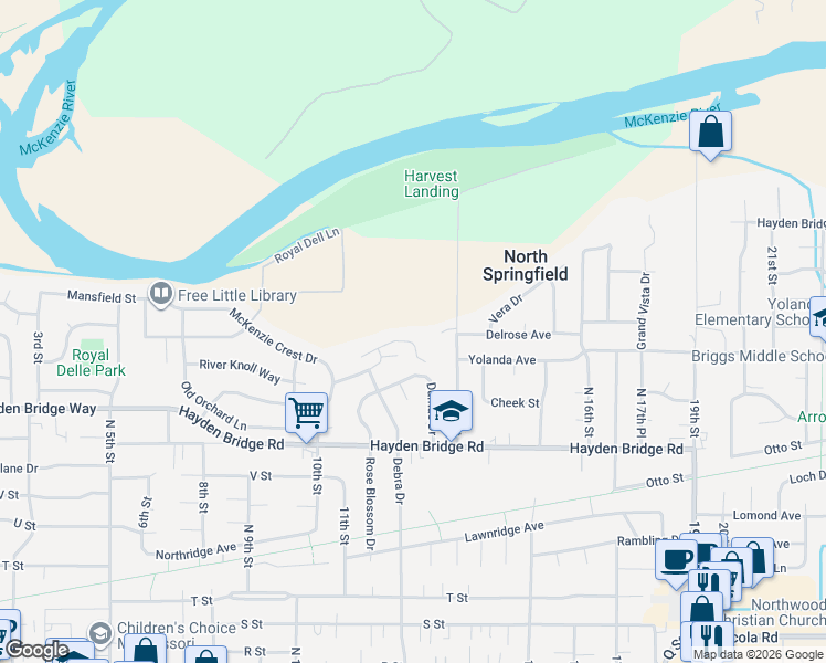 map of restaurants, bars, coffee shops, grocery stores, and more near 1244 Delrose Drive in Springfield