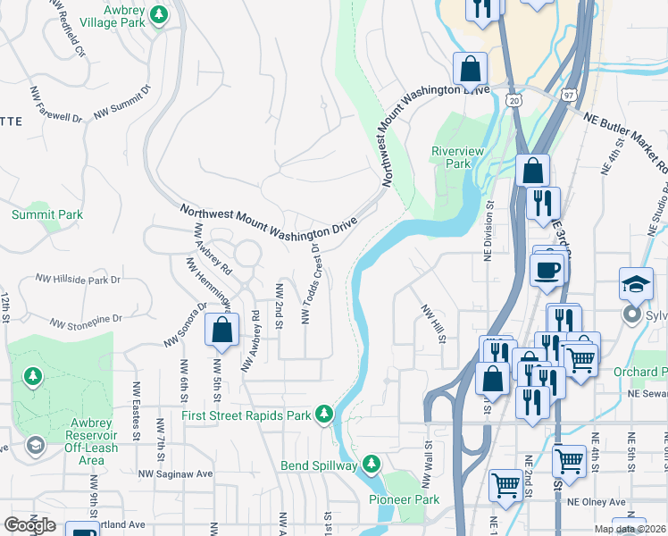 map of restaurants, bars, coffee shops, grocery stores, and more near 2491 Northwest Todds Crest Drive in Bend