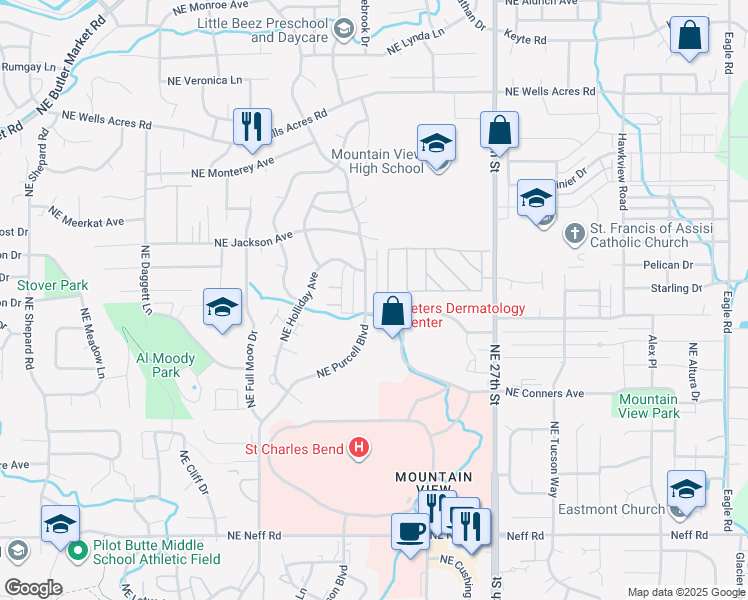 map of restaurants, bars, coffee shops, grocery stores, and more near 2532 Northeast Purcell Boulevard in Bend